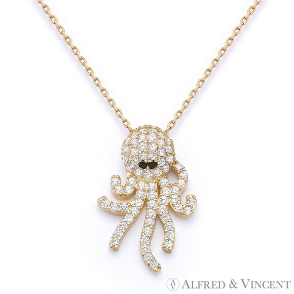 Octopus Charm CZ Crystal Pendant in .925 Sterling Silver w/ 18k Yellow Gold - Picture 1 of 2